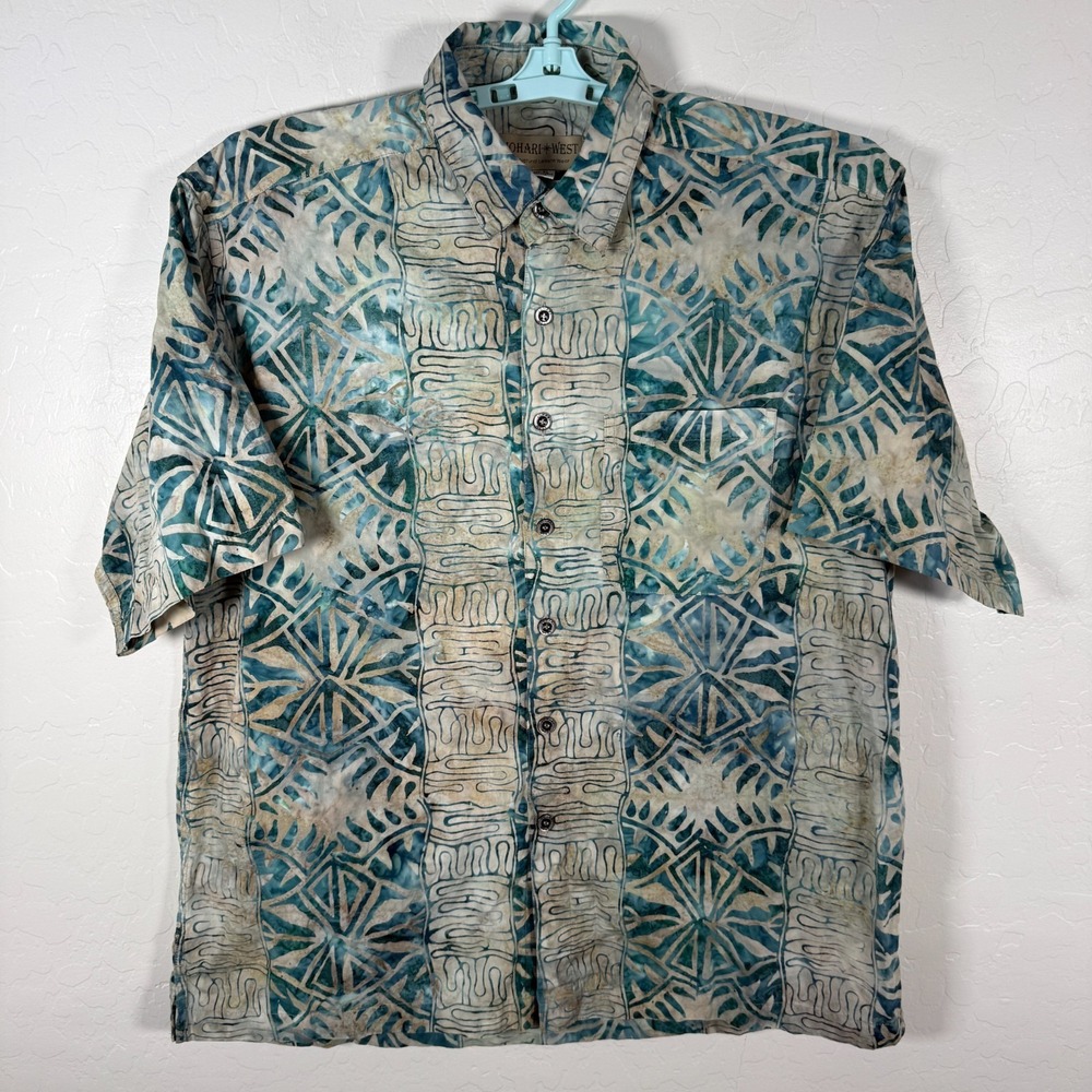 Johari West Shirt Mens XL Blue Green Button Up Hawaiian Aloha Batik Vacation‎